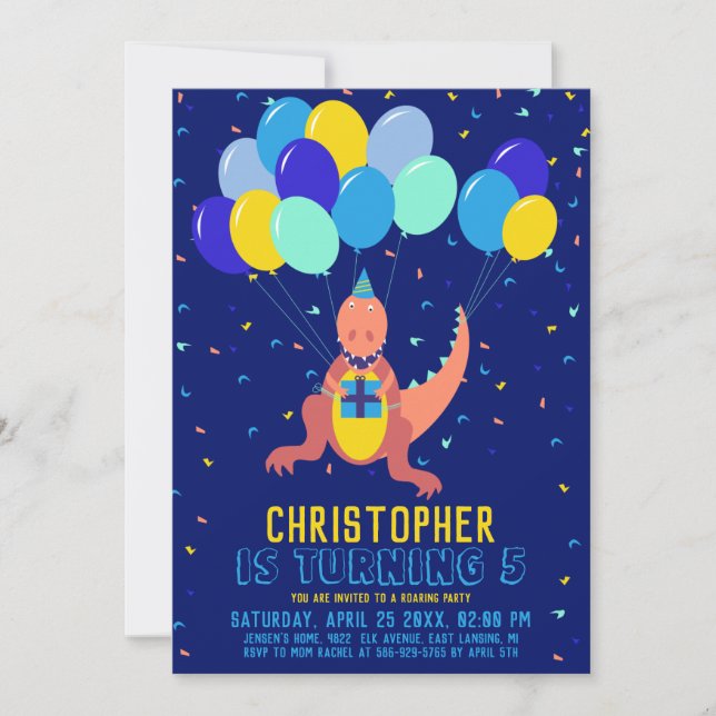 Dinosaur Blue Yellow Balloon Confetti Boy Birthday Invitation (Front)