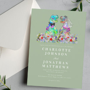 Dinosaur Boho Wildflower Meadow Sage Green Wedding Invitation