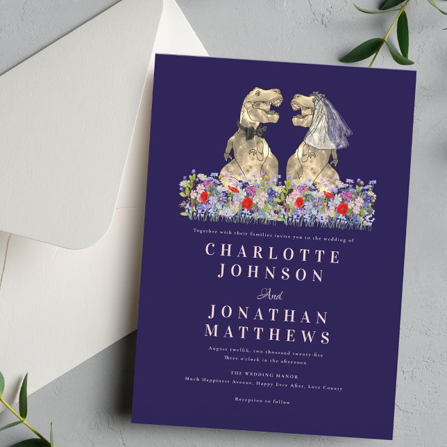 Dinosaur Boho Wildflower Navy Blue Blush Pink Invitation (Dinosaur boho wildflower navy blue blush pink wedding invitation Fun T-Rex bride & groom dino meadow)
