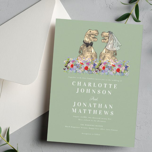 Dinosaur Boho Wildflower Sage Green Wedding Invitation (Wildflower boho rustic Dinosaur sage green and white wedding invitation Fun T-Rex bride & groom dino)