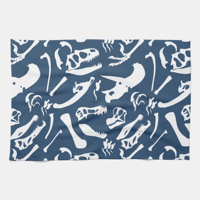 Dinosaur Bones (Blue) Tea Towel (Horizontal)