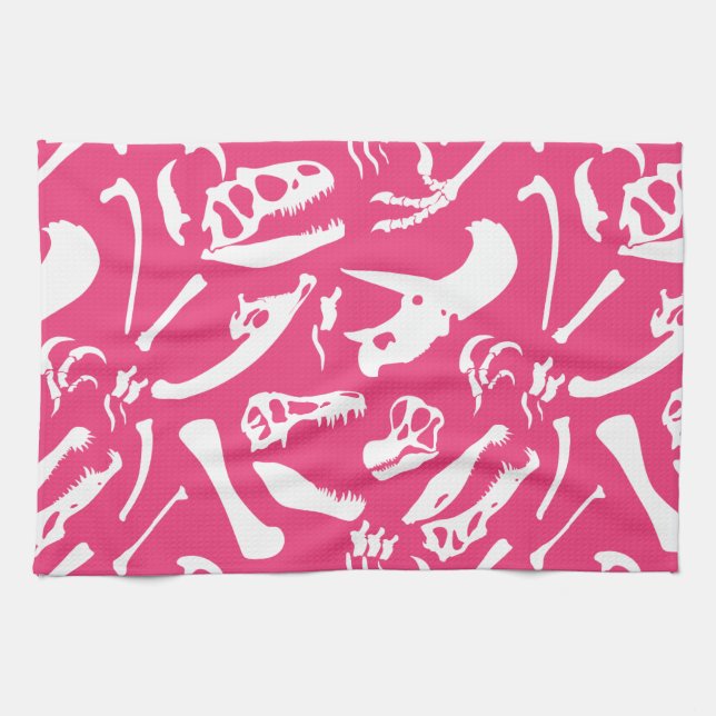 Dinosaur Bones (Pink) Tea Towel (Horizontal)