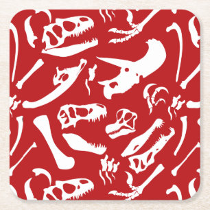 Dinosaur Bones (Red) Square Paper Coaster