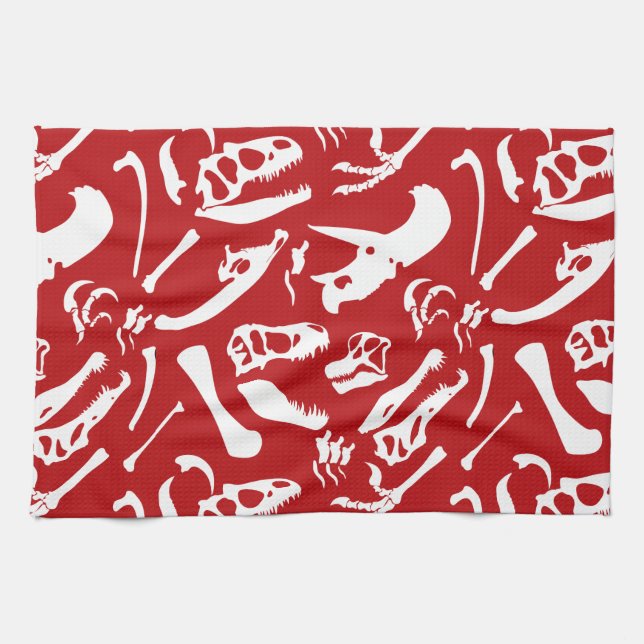 Dinosaur Bones (Red) Tea Towel (Horizontal)