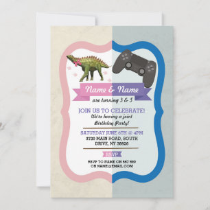 Dinosaur Bow & Gaming Joint Boy Girl Birthday Invitation