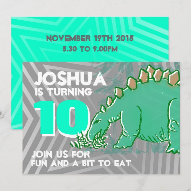 Dinosaur boy 10th birthday green grey invitation (Front/Back)