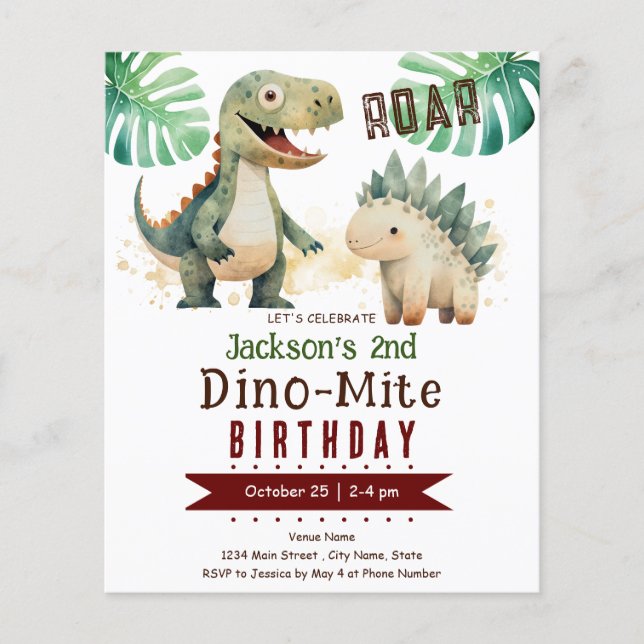 Dinosaur Boy 2nd Birthday Budget Paper Sheet (Front)