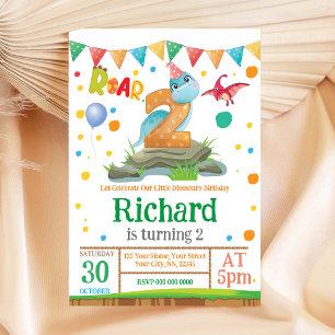 Dinosaur Boy 2nd Birthday Invitation