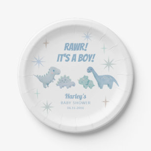 Dinosaur Boy Baby Shower Blue Paper Plate