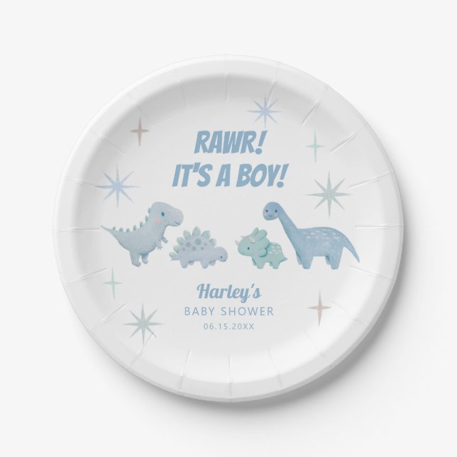 Dinosaur Boy Baby Shower Blue Paper Plate (Front)