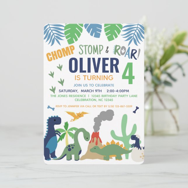 Dinosaur Boy Blue Birthday Invitation (Standing Front)