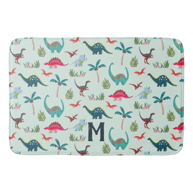 Dinosaur boy blue monogram all-over print kids bath mat (Front)