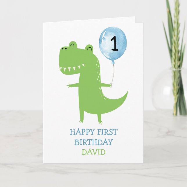 Dinosaur Boy First Birthday Balloon Kids Cute Card (Front)