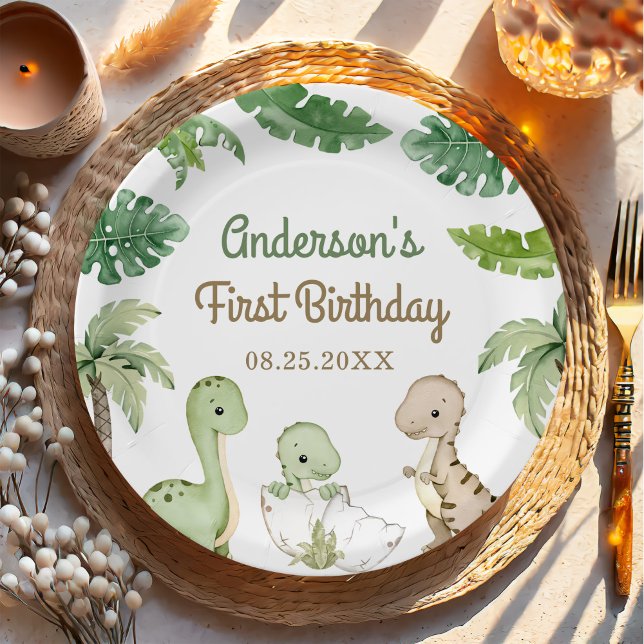 Dinosaur Boy Green 1st Birthday Paper Plate (Creator Uploaded)