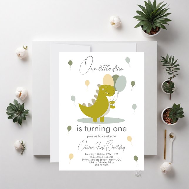 Dinosaur Boy Green Grey First Birthday  Invitation (Creator Uploaded)