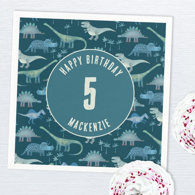 Dinosaur Boy Kids Birthday Party Dark Napkin (Dinosaur personalized kids birthday party napkin)
