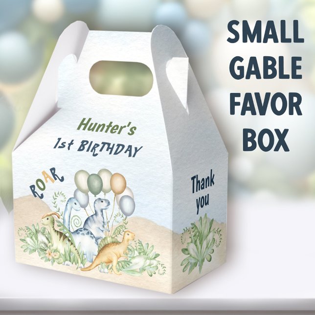 Dinosaur Boy Pastel Blue Green 1st Birthday Favour Box (Dinosaur Boy Small Gable Favor Boxes - You can choose from 3 sizes of these gable favor boxes)