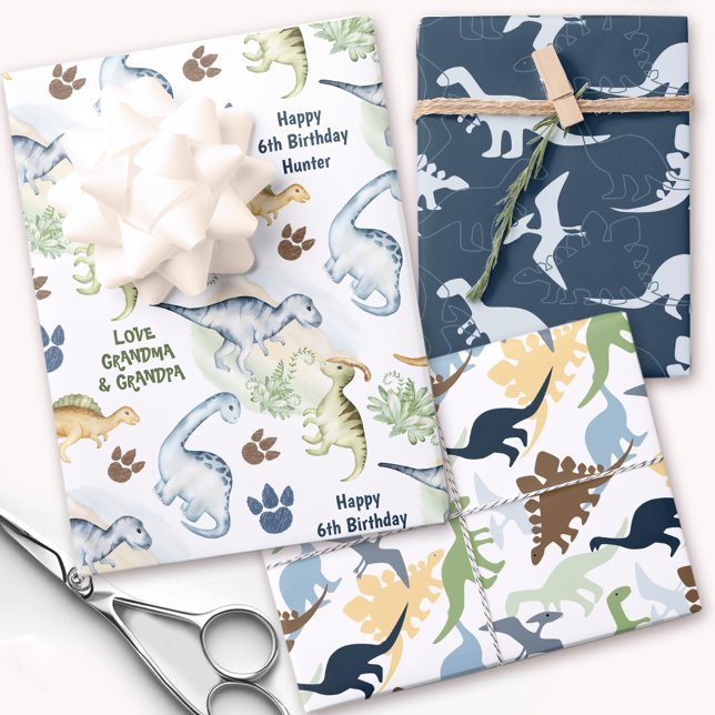 Dinosaur Boy Pastel Blue Green Name Wrapping Paper Sheet (Dinosaur Boy Pastel Blue Green Name Wrapping Paper Sheets)