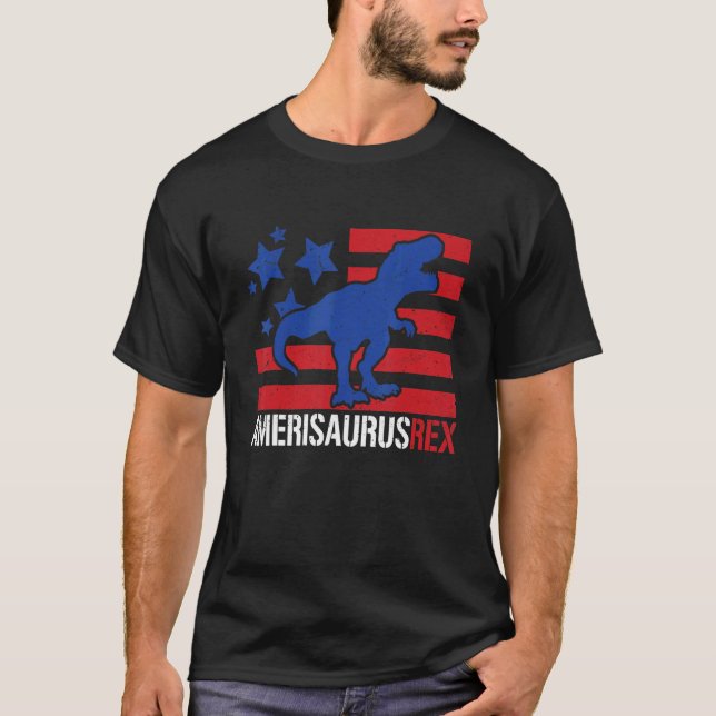 Dinosaur Boys Amerisaurus American Flag 4th Of Jul T-Shirt (Front)