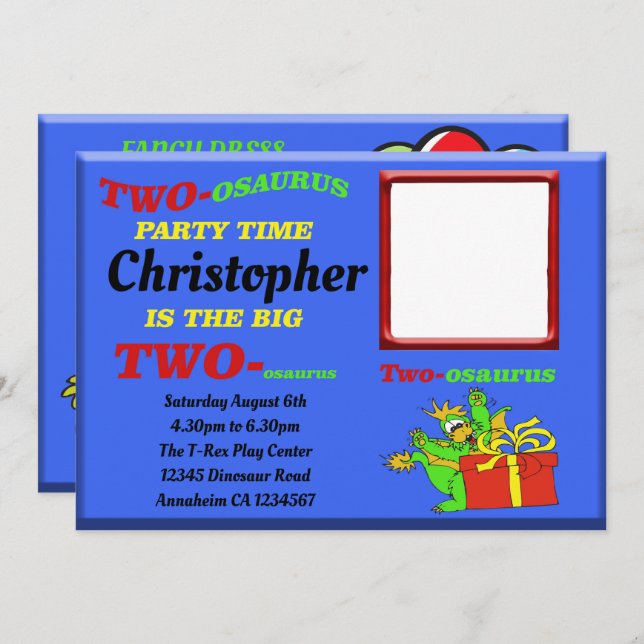 Dinosaur Boys Blue Two osaurus 2nd Second Birthday Invitation (Front/Back)