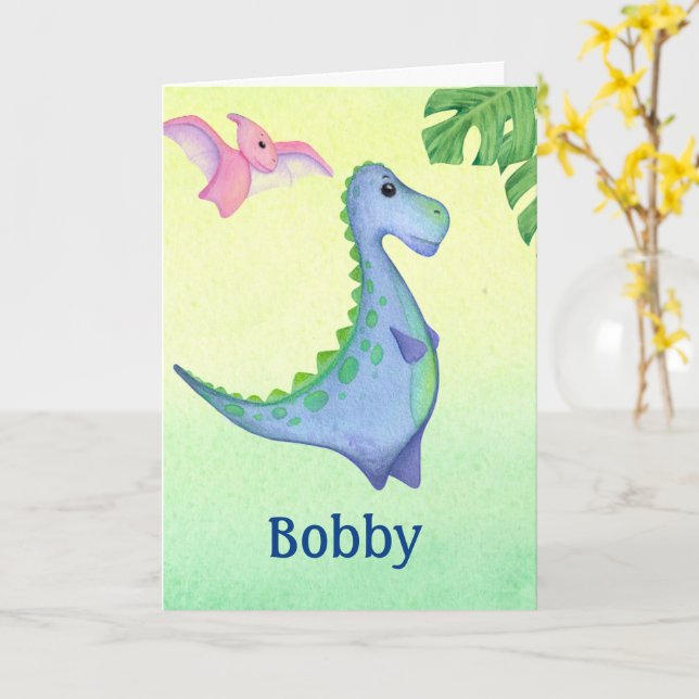 Dinosaur Boy's Name & Age Cute Birthday Card (Yellow Flower)