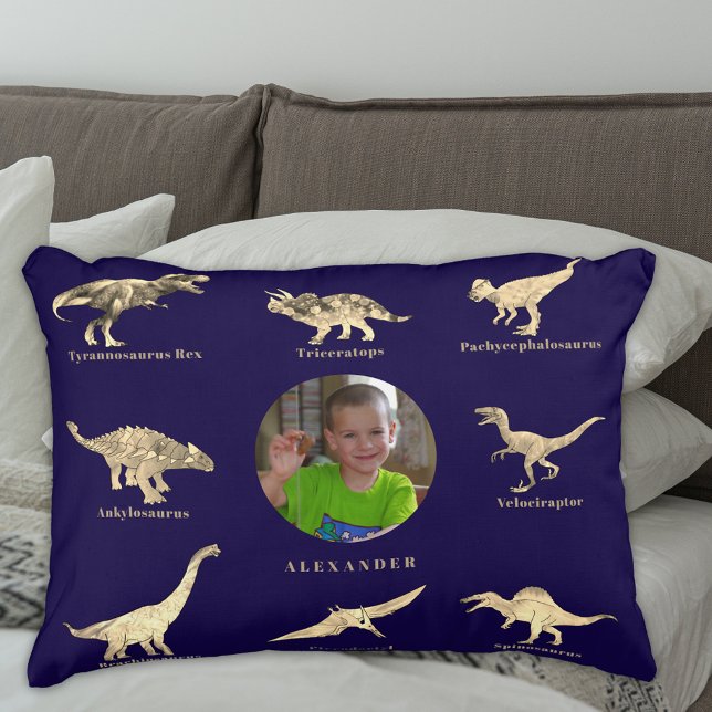 Dinosaur Boys Personalised Name and Photo Blue Decorative Cushion (Dinosaur boys personalized name and photo educational dinos with names navy blue pillow)