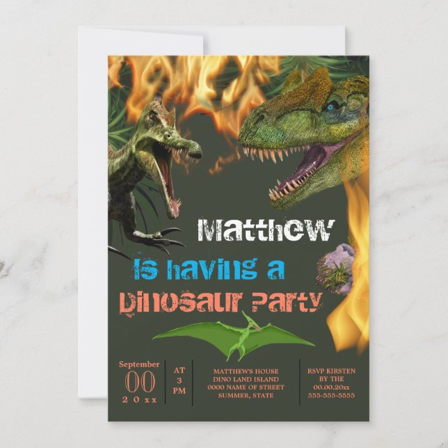 Dinosaur boys theme birthday party t-rex flames  invitation (Front)