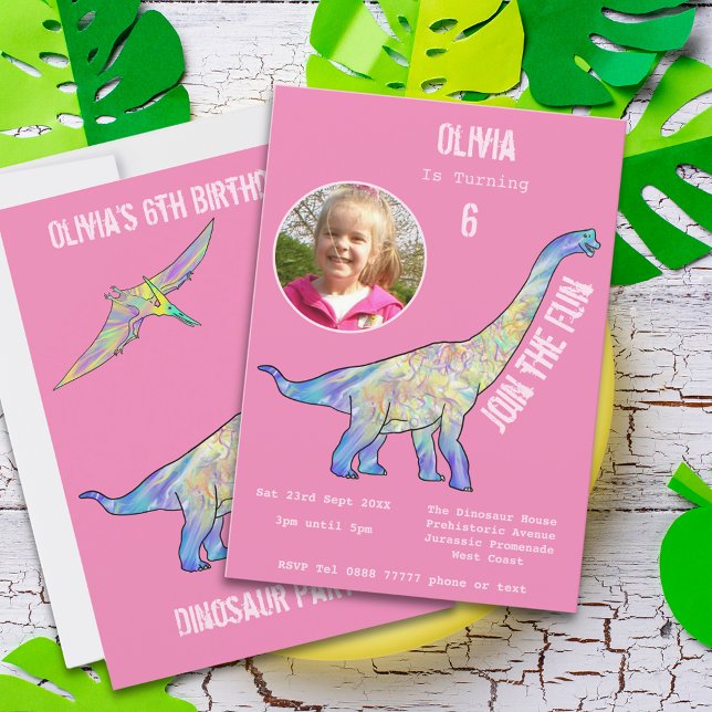 Dinosaur Brachiosaurus Girls Birthday Pink Photo (Dinosaur brachiosaurus girls pink birthday party invitation with photo template)