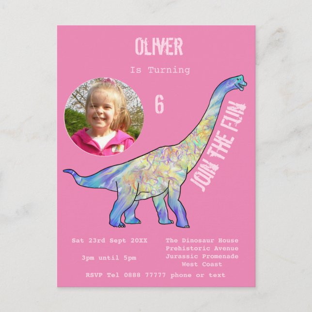 Dinosaur Brachiosaurus Girls Birthday Pink Photo Invitation Postcard (Front)