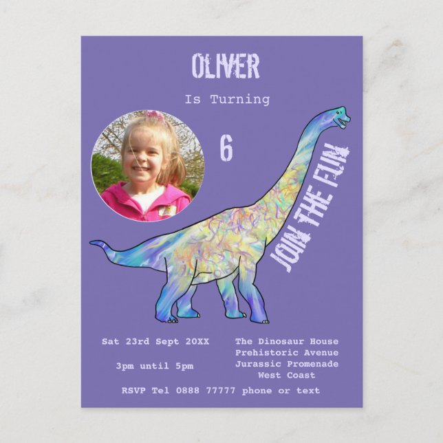 Dinosaur Brachiosaurus Girls Birthday Purple Photo Invitation Postcard (Front)