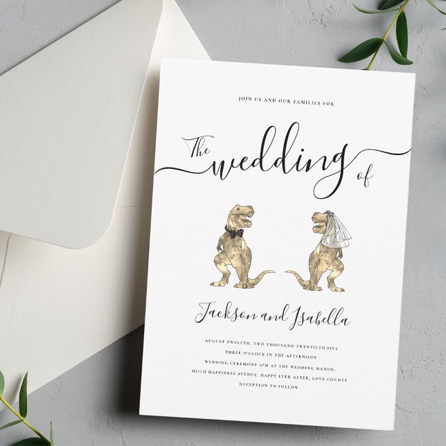 Dinosaur Bride and Groom Black and White Wedding Invitation (Dinosaur bride and groom elegant modern script black and white destination wedding invitation )