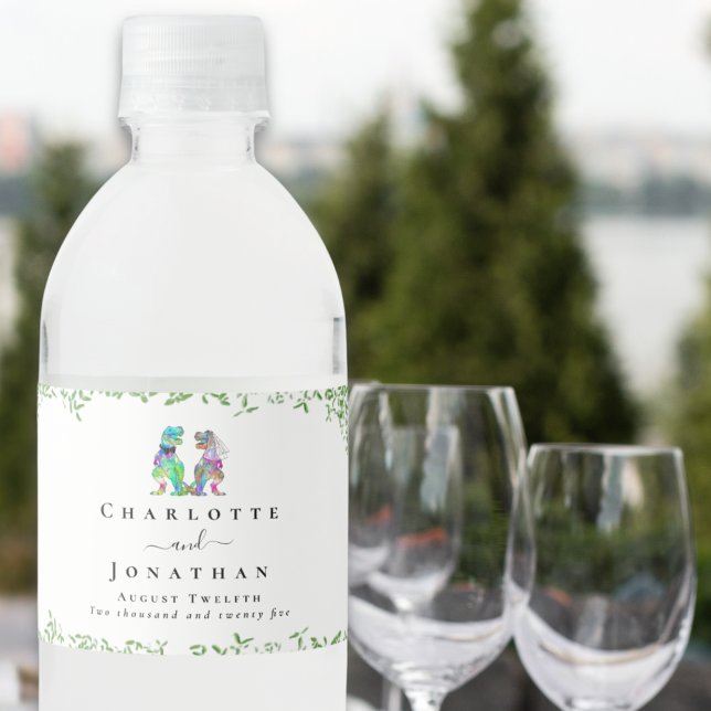 Dinosaur Bride and Groom Custom Wedding Water Bottle Label (T-Rex bride and groom dinosaur wedding colorful custom water bottle labels Watercolor greenery)