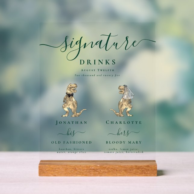 Dinosaur Bride and Groom Signature Drinks Wedding Acrylic Sign (Neutral)