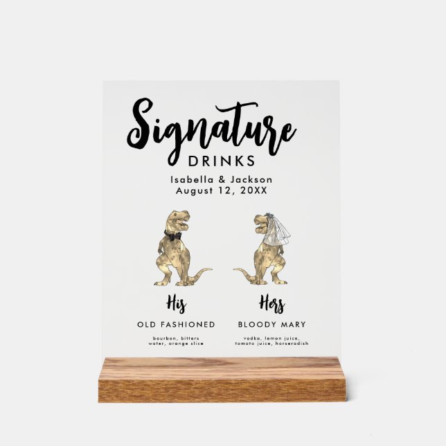 Dinosaur Bride and Groom Signature Drinks Wedding Acrylic Sign (Front)