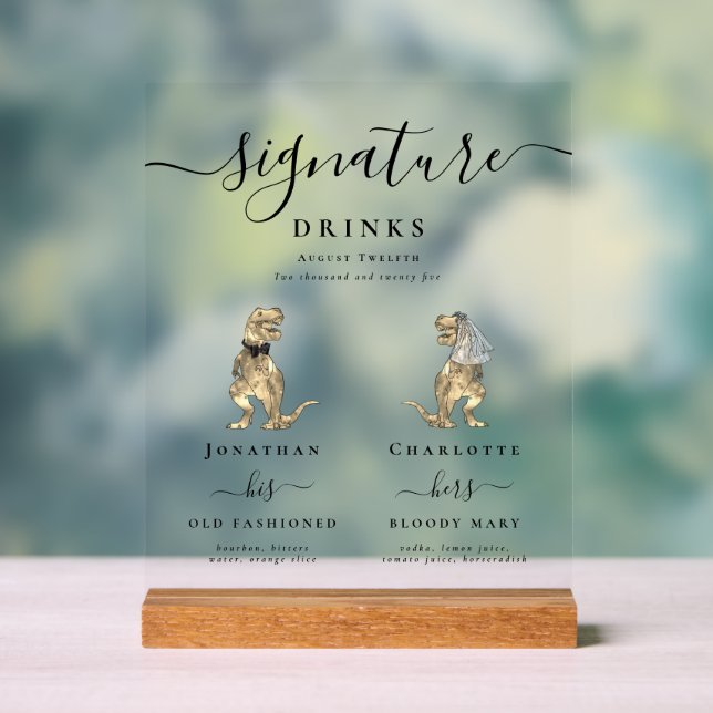 Dinosaur Bride and Groom Signature Drinks Wedding Acrylic Sign (Neutral)