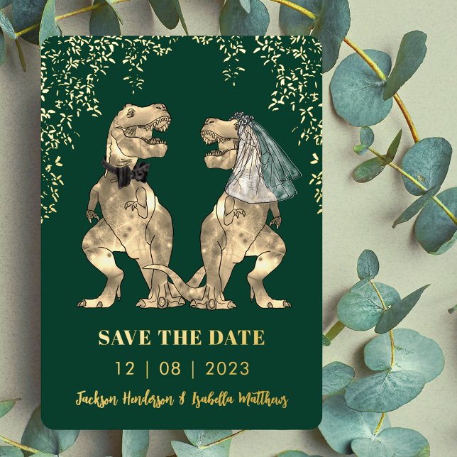 Dinosaur Bride and Groom Weddding Green Gold (Dinosaur wedding save the date green and gold foil invitation Elegant modern eucalyptus foliage)