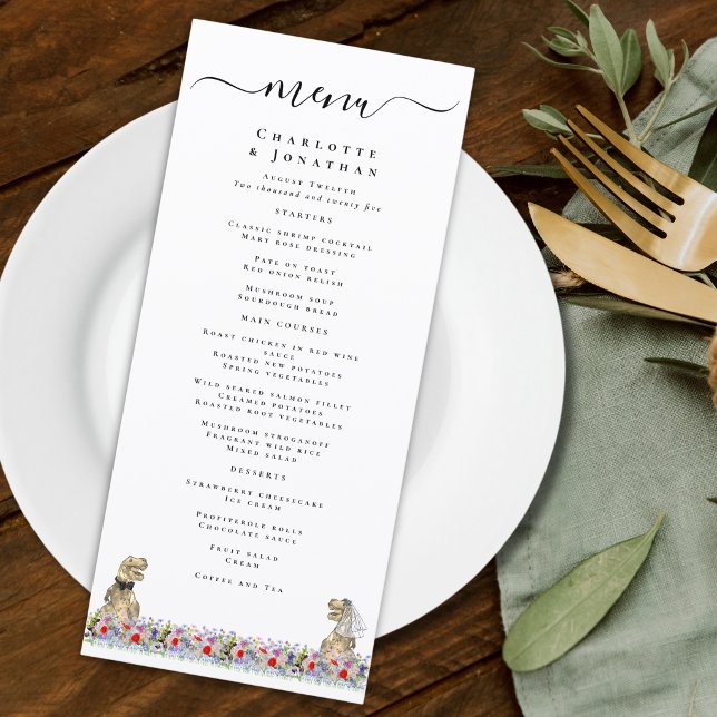 Dinosaur Bride and Groom Wedding Menu (Funny dinosaur bride and groom wedding menu with colorful vibrant wildflower florals)