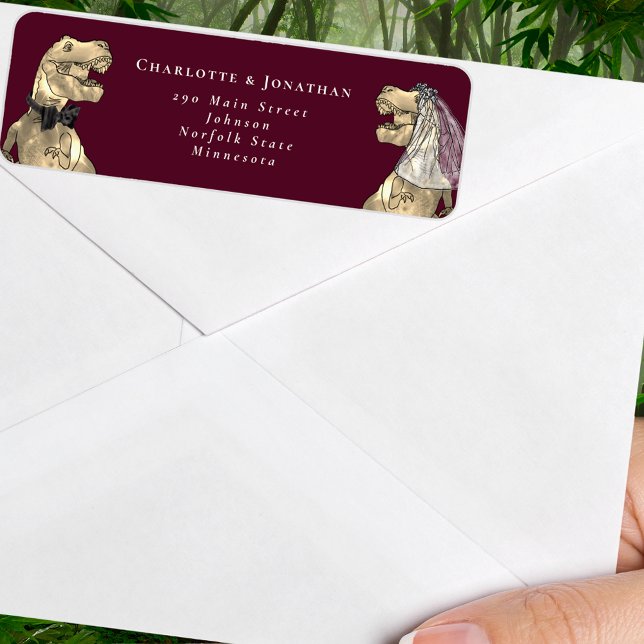 Dinosaur Bride and Groom Wedding Return Address (Dinosaur wedding burgundy and cream custom return address label Jurassic T-Rex dino bride & groom)