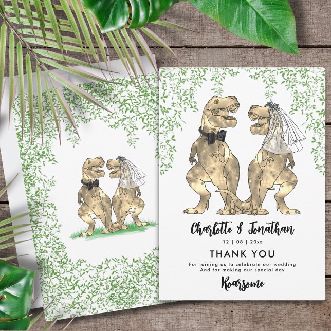 Dinosaur Bride and Groom Wedding Thank You (Dinosaur themed wedding thank you card with funny T-Rex  bride and groom and Jurassic jungle foliage)