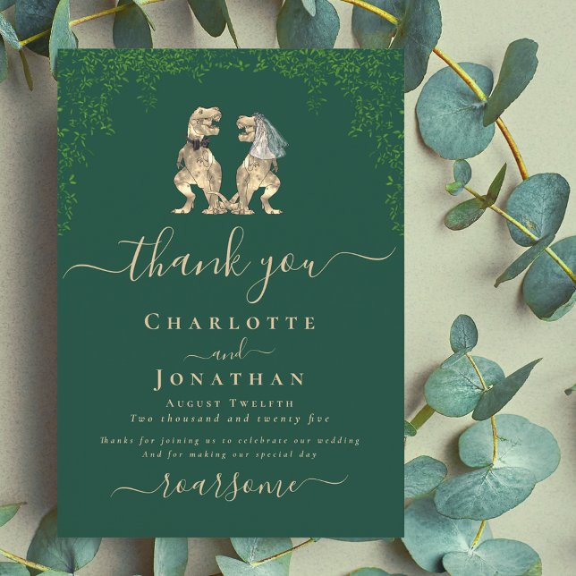 Dinosaur Bride and Groom Wedding Thank You (Dinosaur wedding dark green custom thank you card Eucalyptus foliage T-Rex dino bride and groom )