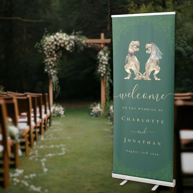 Dinosaur Bride and Groom Wedding Welcome Sign (Dinosaur theme wedding welcome sign dark green retractable banner fun T-Rex bride and groom dinos )