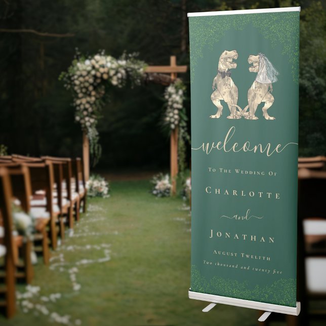 Dinosaur Bride and Groom Wedding Welcome Sign (Dinosaur wedding welcome dark green sign T-Rex dino bride and groom elegant modern script)