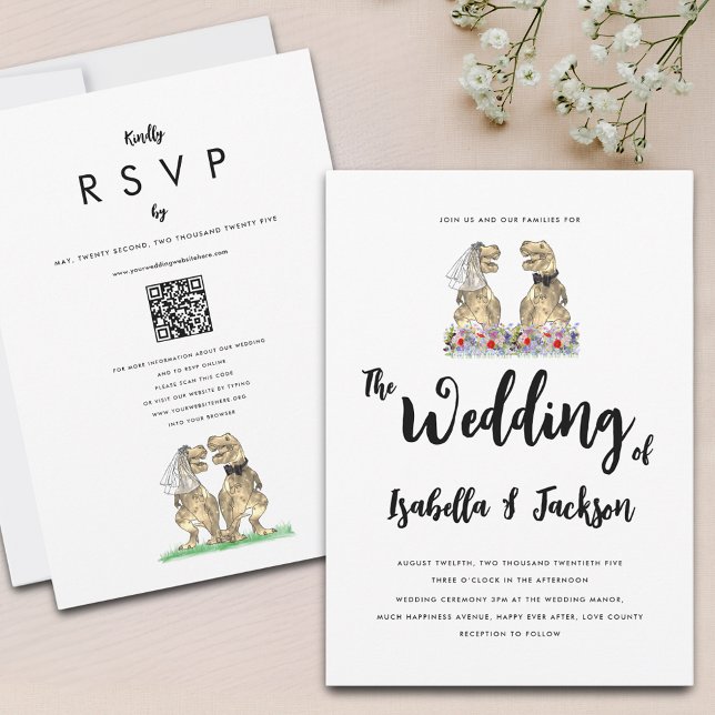 Dinosaur Bride and Groom Wildflower Wedding Invitation (Fun T-Rex bride and groom wildflower boho dinosaur Jurassic wedding qr code invitation )