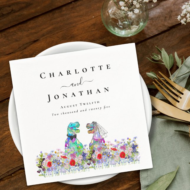 Dinosaur Bride & Groom Custom Wedding Napkin (Dinosaur bride and groom custom wedding napkins Watercolor wildflower meadow vibrant colorful floral)