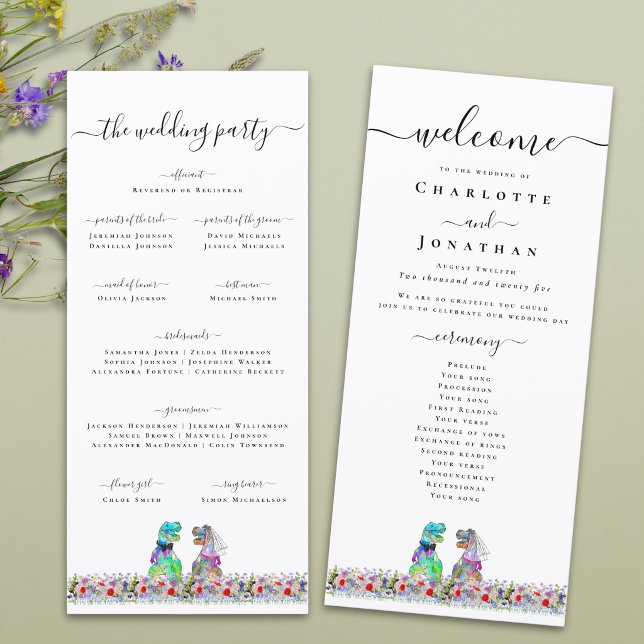 Dinosaur Bride & Groom Custom Wedding Program Menu (Colorful T-Rex bride and groom funny dinosaur wedding ceremony program card Wildflower meadow)