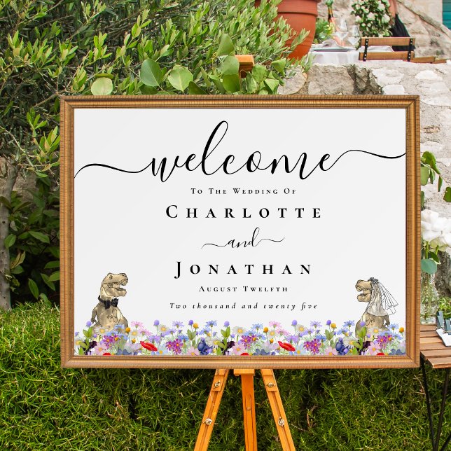 Dinosaur Bride & Groom Custom Wedding Welcome Poster (Funny T-Rex Dinosaur bride & groom custom wedding welcome poster Vibrant colorful wildflower florals)