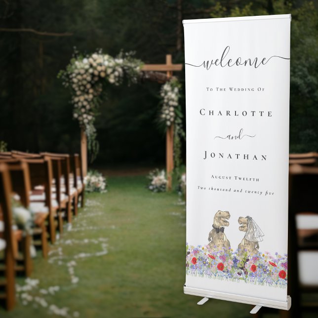 Dinosaur Bride & Groom Custom Wedding Welcome Sign (Funny Dinosaur bride and groom custom wedding welcome sign watercolor wildflower garden meadow)