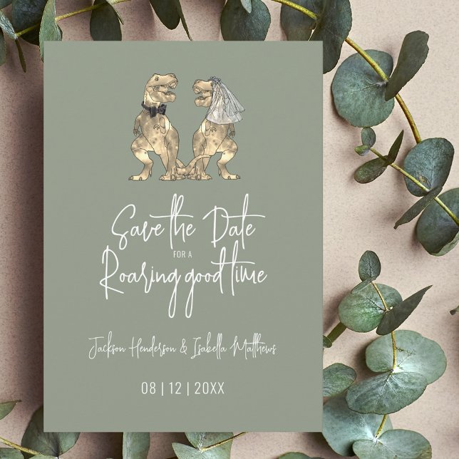 Dinosaur Bride & Groom Sage Green Wedding Save The Date (Funny Dinosaur wedding save the date sage green and white invitation whimsical elegant modern script)