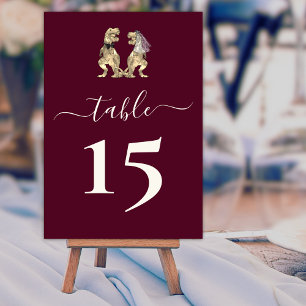 Dinosaur Bride & Groom Wedding Burgundy & Cream Table Number