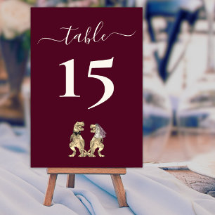 Dinosaur Bride & Groom Wedding Burgundy & Cream Table Number